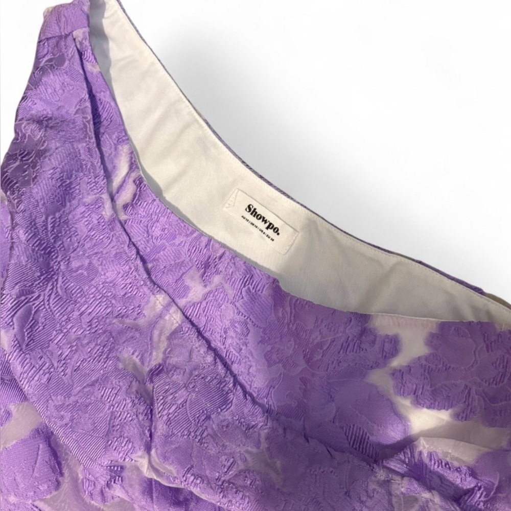 SHOWPO- BRAILEY MINI DRESS- One Shoulder Wrap Front Dress in Purple Jacquard - Picture 7 of 9